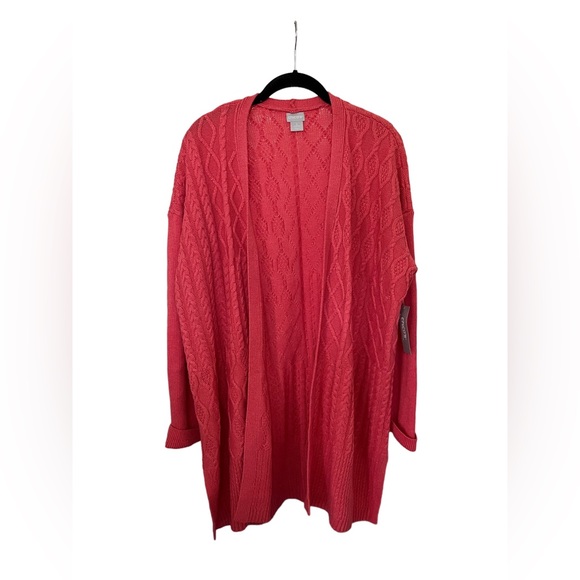 Chicos Cardigan Sweaters Pink Tunic Length Cable Stitch Size Chicos Sz 3/16 NWT - Picture 6 of 6